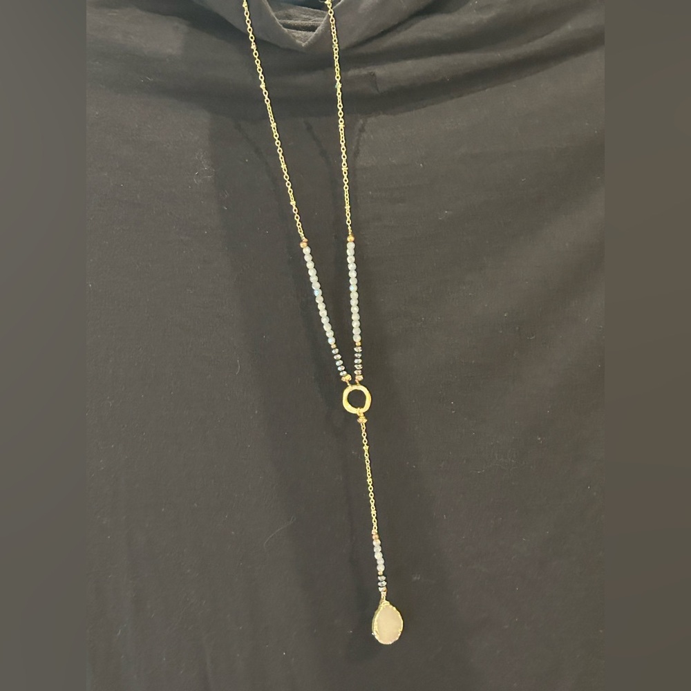 Nakamol necklace, long lariat, gold, beads, agate. Great for layering. Stunning